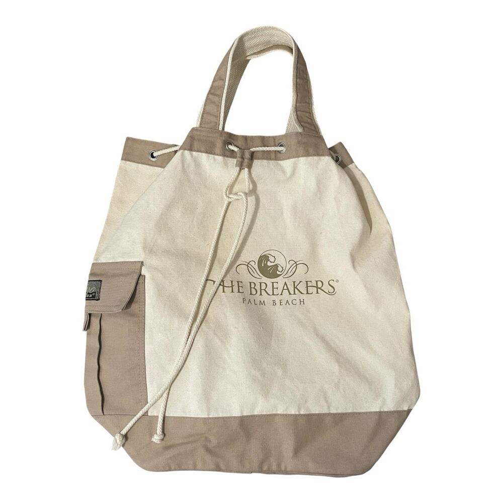 The Breakers Palm Beach Drawstring Tote Sling Beach Bag 18 X 18 X 8 Cream Brown